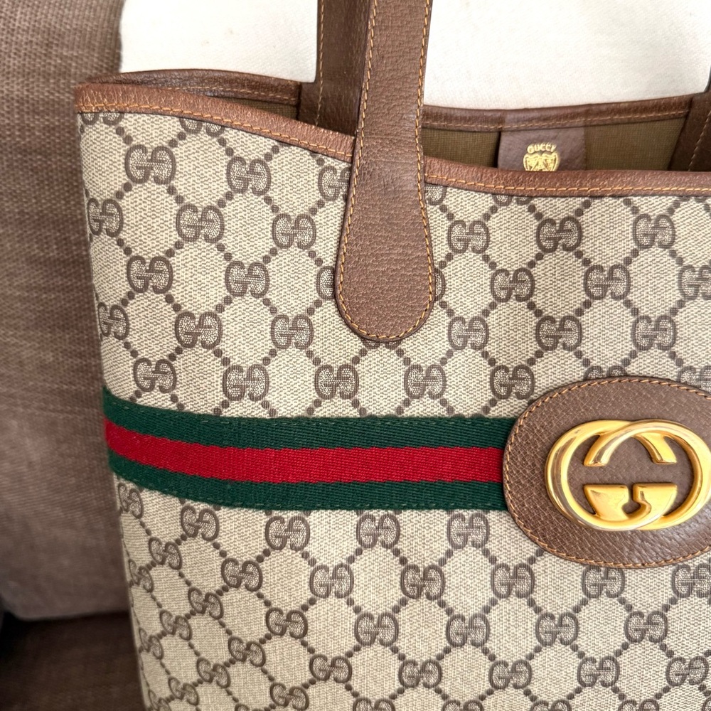Authentic Gucci brown monogram coated canvas large tote bag leather trims - Picture 5 of 16